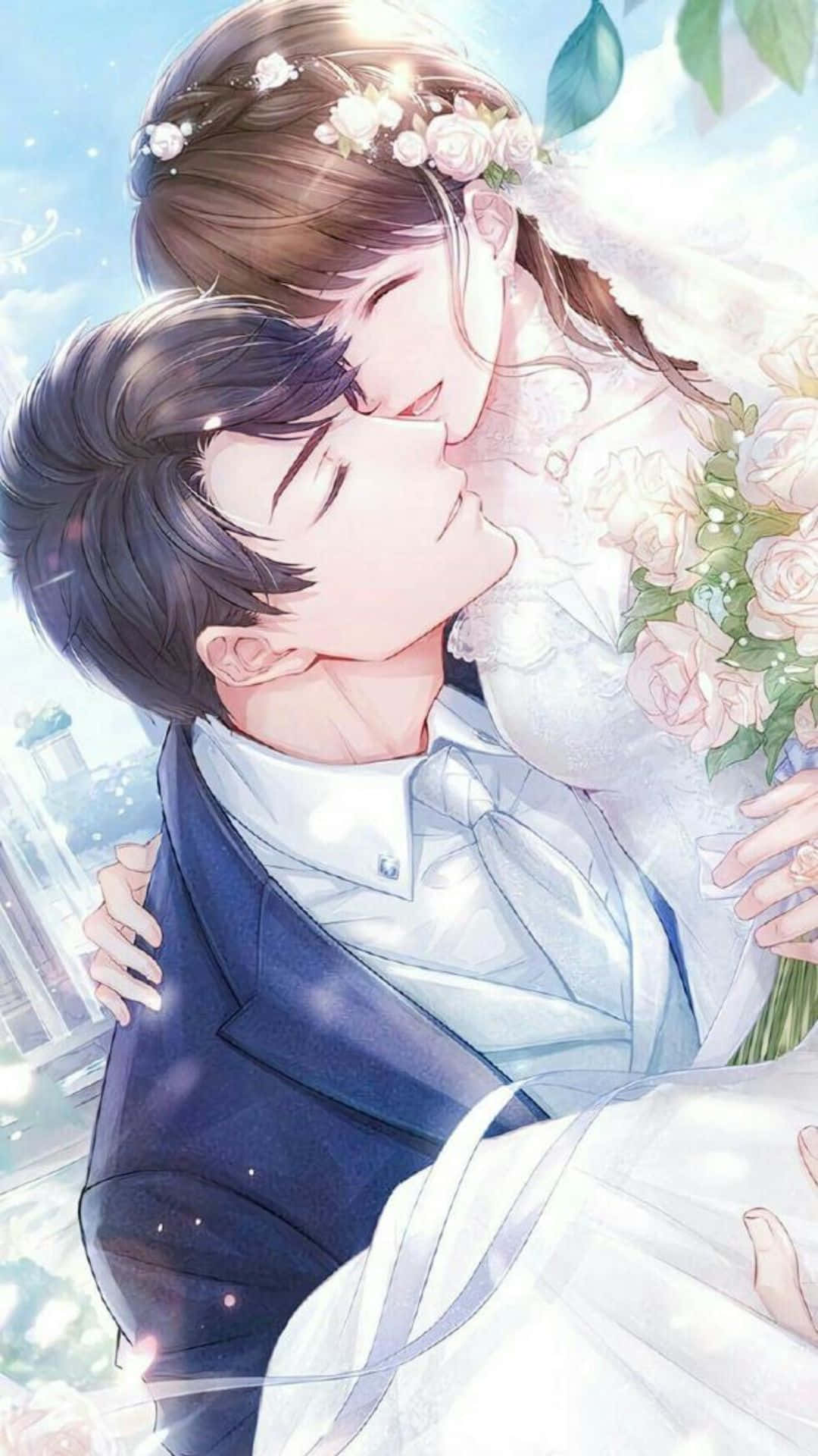 Wedding Dress 桌布 壁紙 — 一對溫柔的動漫風格情侶在柔和陽光下擁抱，新娘手持玫瑰，頭戴花冠。