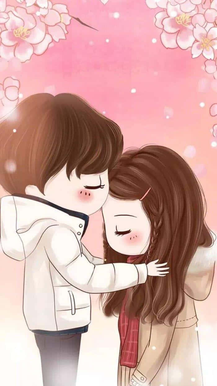 Couples 桌布 壁紙 — 一對溫柔的動漫風格情侶在飄落的櫻花下擁抱，背景是柔和的粉紅色天空。