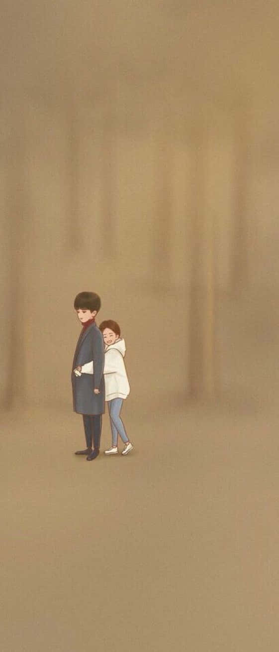 Couples 桌布 壁紙 — 一對溫柔的動漫風格情侶緊密地走過迷濛的森林，他們的身影在柔和的大地色調中輕輕模糊。