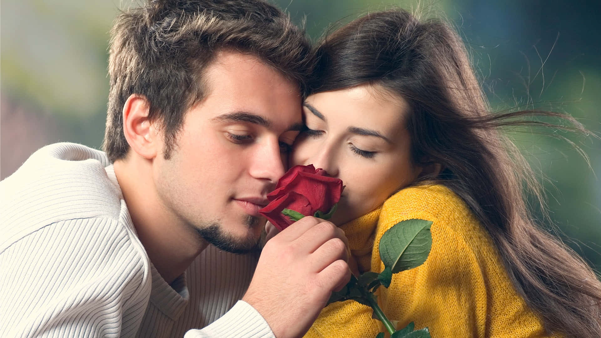 Romance 桌布 壁紙 — 一對溫柔的情侶在柔和的戶外擁抱中分享一朵紅玫瑰，閉上眼睛，沉浸在靜謐的愛意中。