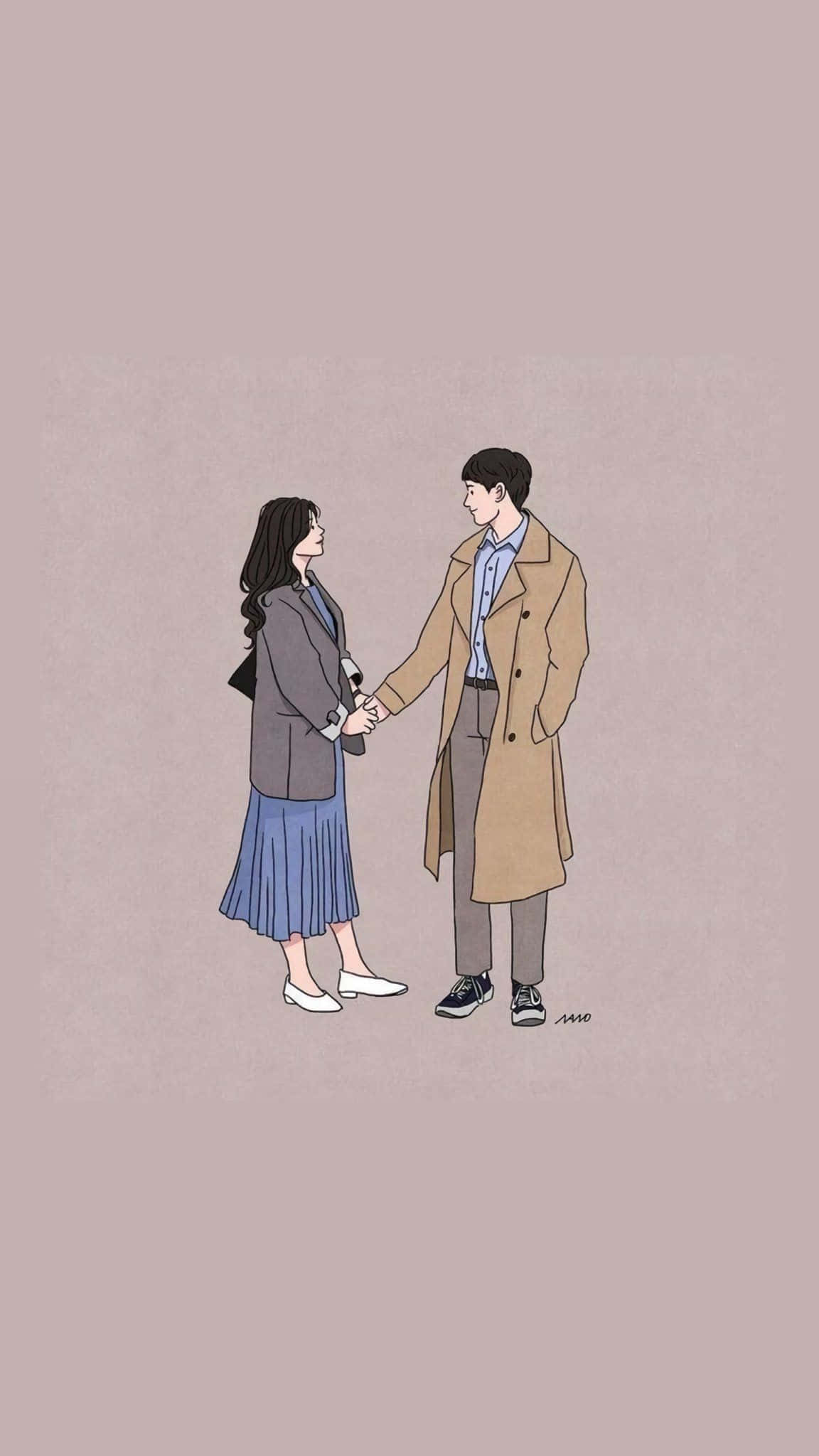 Relationship 桌布 壁紙 — 一對溫柔的插圖情侶手牽手，在柔和的紫紅色背景上互相微笑。