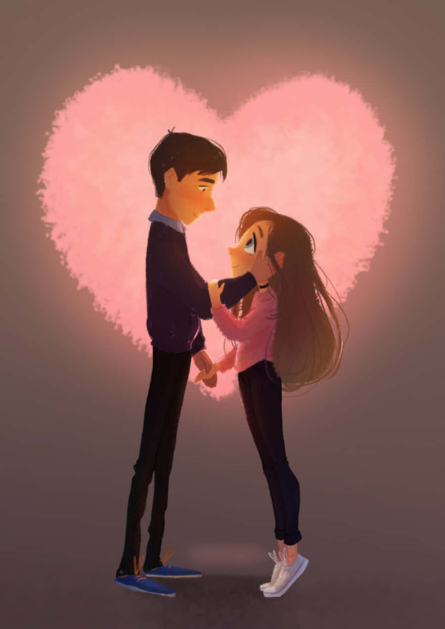 Couple Cartoon 桌布 壁紙 — 一對溫柔的插畫情侶在柔和的浪漫場景中，在發光的粉紅色心形光環下牽手。