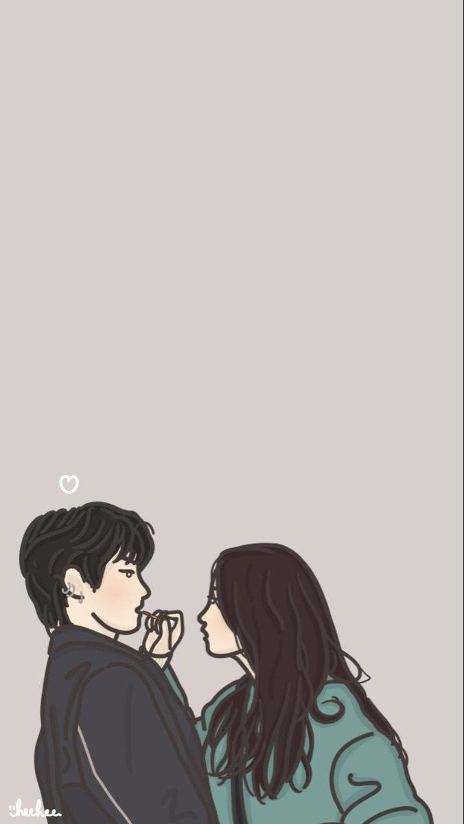 Cute Couples Cartoon 桌布 壁紙 — 一對溫柔的插畫情侶在柔和的米色背景上，頭頂漂浮著一顆心，共享寧靜時刻。