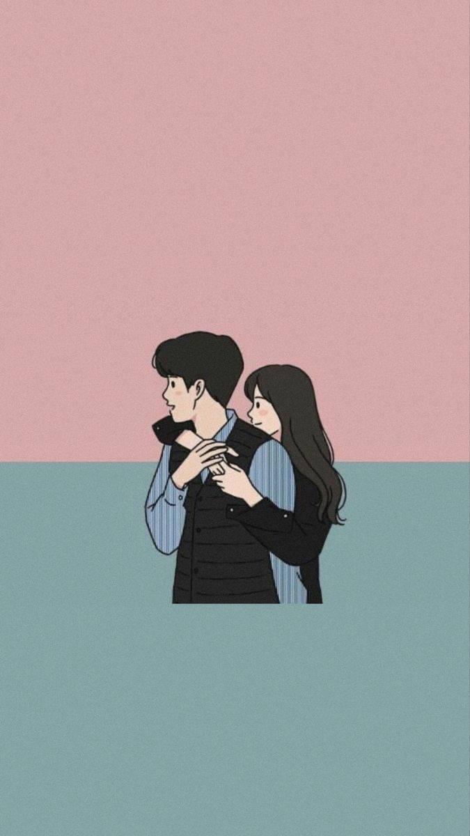 Cute Couples Cartoon 桌布 壁紙 — 一對溫柔的插畫情侶在柔和的粉紅色和藍綠色分割背景前擁抱。
