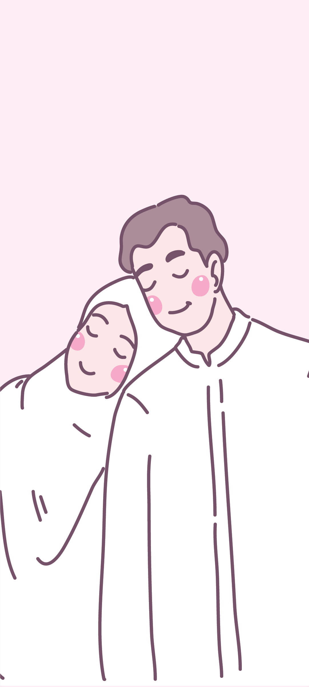 Cartoon 桌布 壁紙 — 一對溫柔的插畫情侶在柔和的粉紅色背景上，帶著溫柔的腮紅調，平靜地擁抱著。