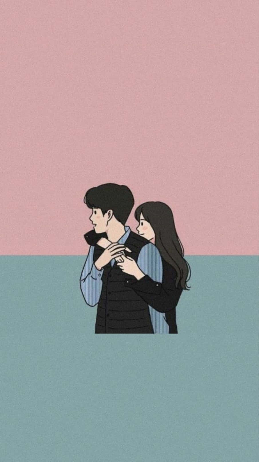 Couple Cartoon 桌布 壁紙 — 一對溫柔的插畫情侶在柔和的粉紅色和藍綠色背景上擁抱。