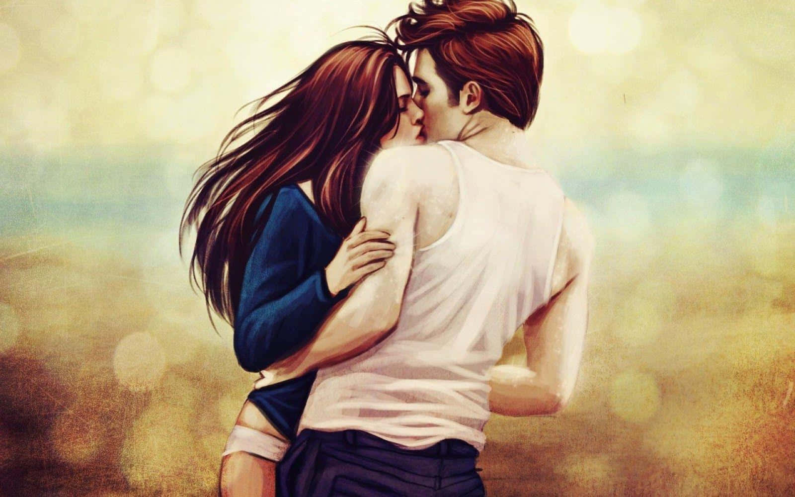 anime kiss 桌布 壁紙 — 一對溫柔的插畫情侶在陽光明媚的田野中擁抱親吻，背景柔和散景。