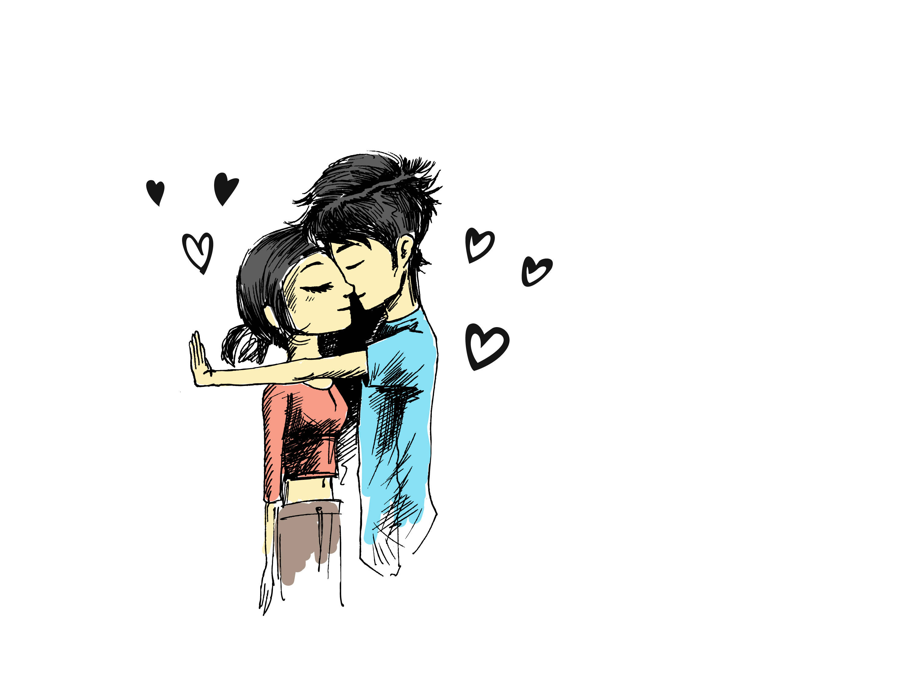 Love Drawings 桌布 壁紙 — 一對溫柔的插畫情侶在飄浮的心形中擁抱，風格柔和而帶有素描感。