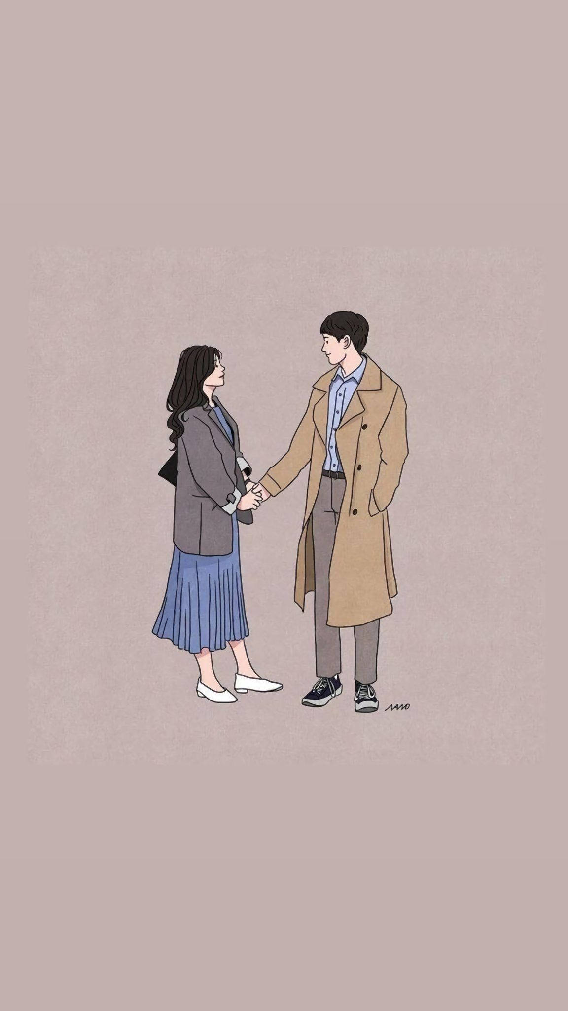 Aesthetic Love 桌布 壁紙 — 一對溫柔的插畫情侶手牽手，在柔和的米色背景上互相微笑。