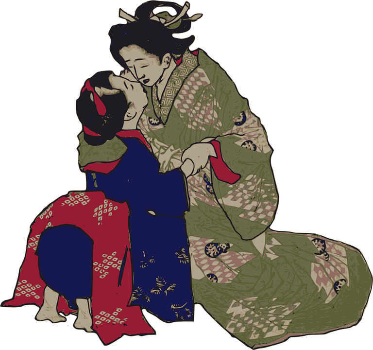Geisha 桌布 壁紙 — 一對溫柔的插畫情侶穿著傳統日本和服，在純黑背景下親密擁抱。