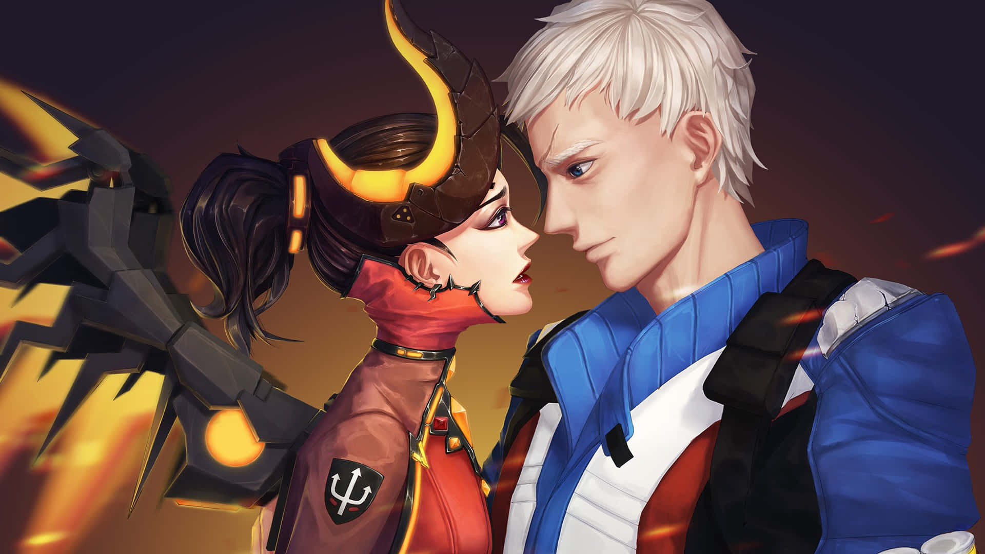 Soldier 76 桌布 壁紙 — 一對火熱的動漫情侶身穿戰鬥裝備，在發光的橙色和黑色背景下，帶著強烈的表情面對面。