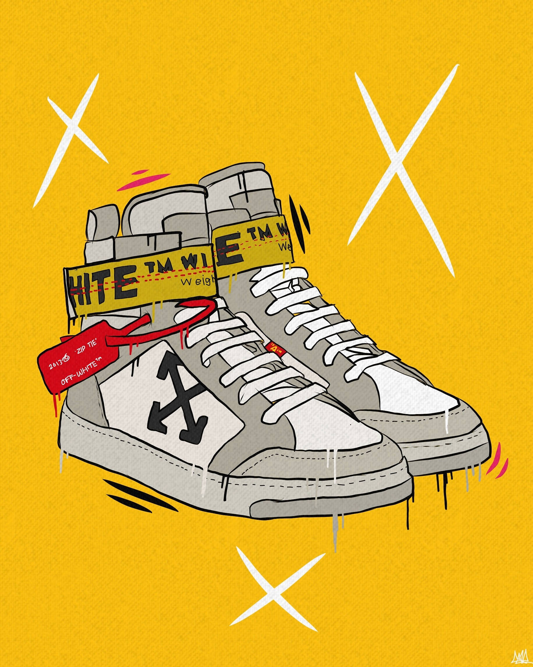 Off White Logo 桌布 壁紙 — 一對灰色高筒運動鞋，帶有黑色箭頭標誌和黃色膠帶，背景為充滿活力的黃色，帶有白色X標記。