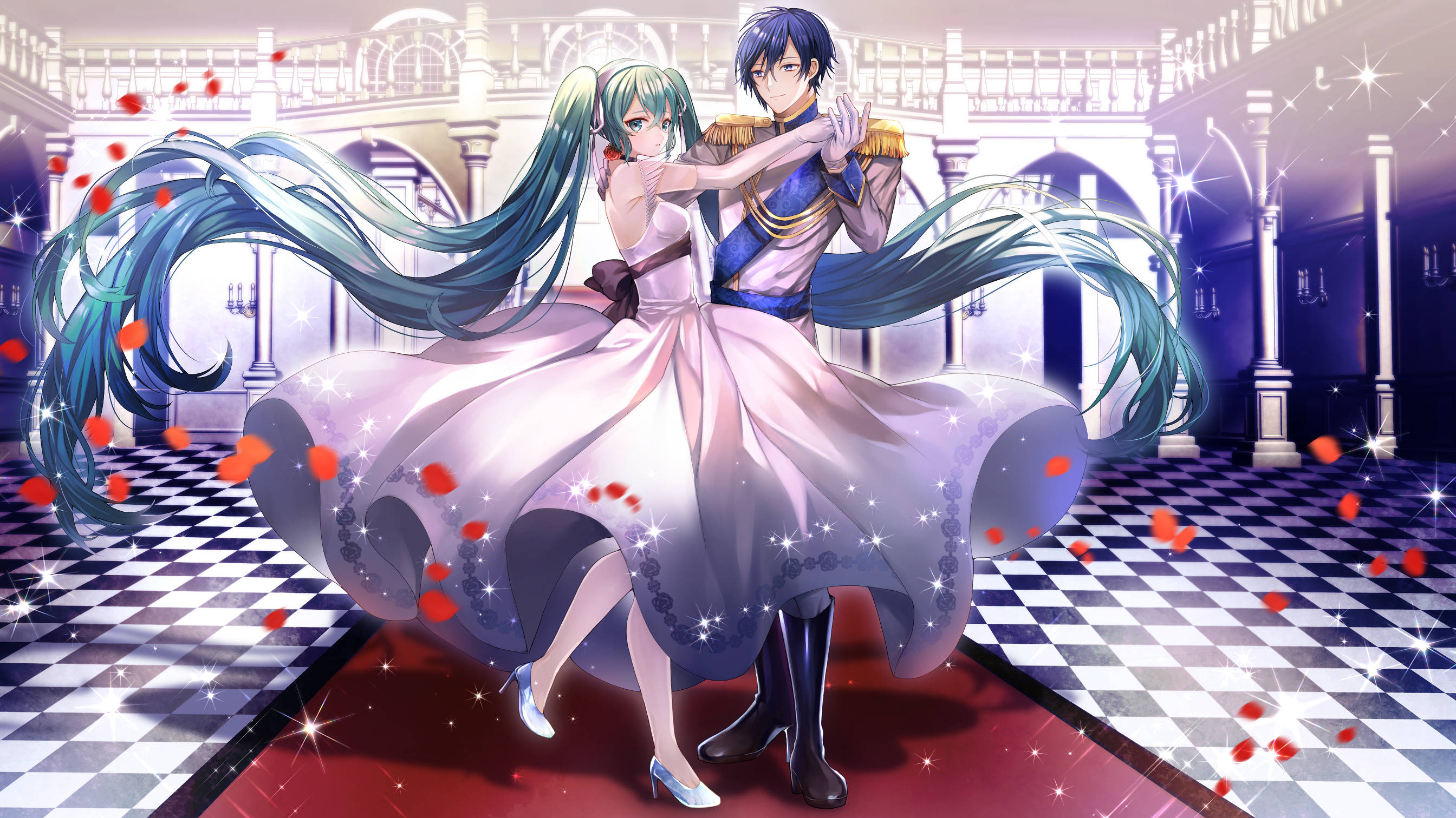 anime dance 桌布 壁紙 — 一對發光的動畫情侶在一個帶有棋盤地板和飄浮花瓣的宏偉大廳中優雅地跳舞。