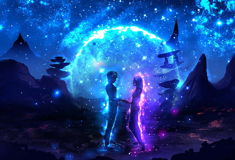 Silhouette 桌布 壁紙 — 一對發光的情侶在星空外星景觀中，在宇宙藍月下手牽手，周圍有漂浮的岩石結構。