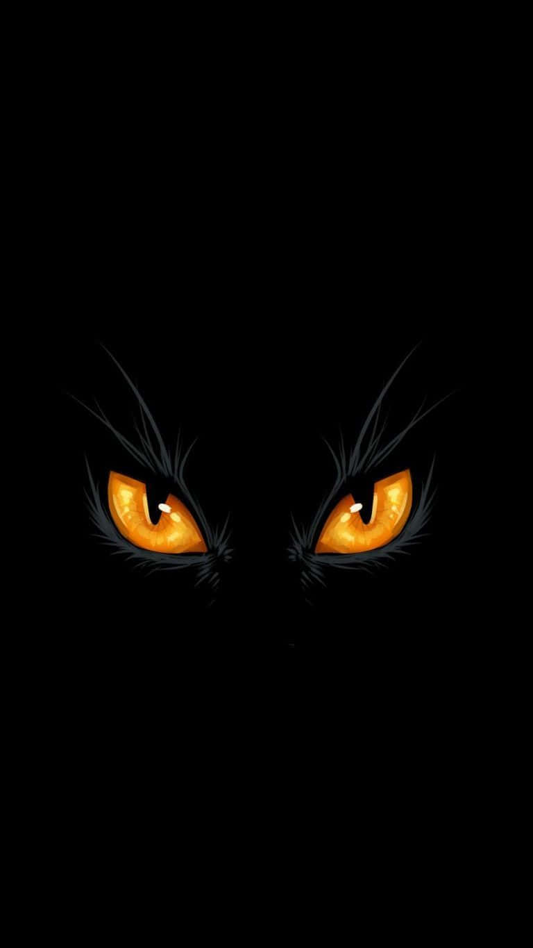 Cat Eyes 桌布 壁紙 — 一對發光的橙色貓眼，帶有銳利的黑色瞳孔，從完全的黑暗中強烈凝視。