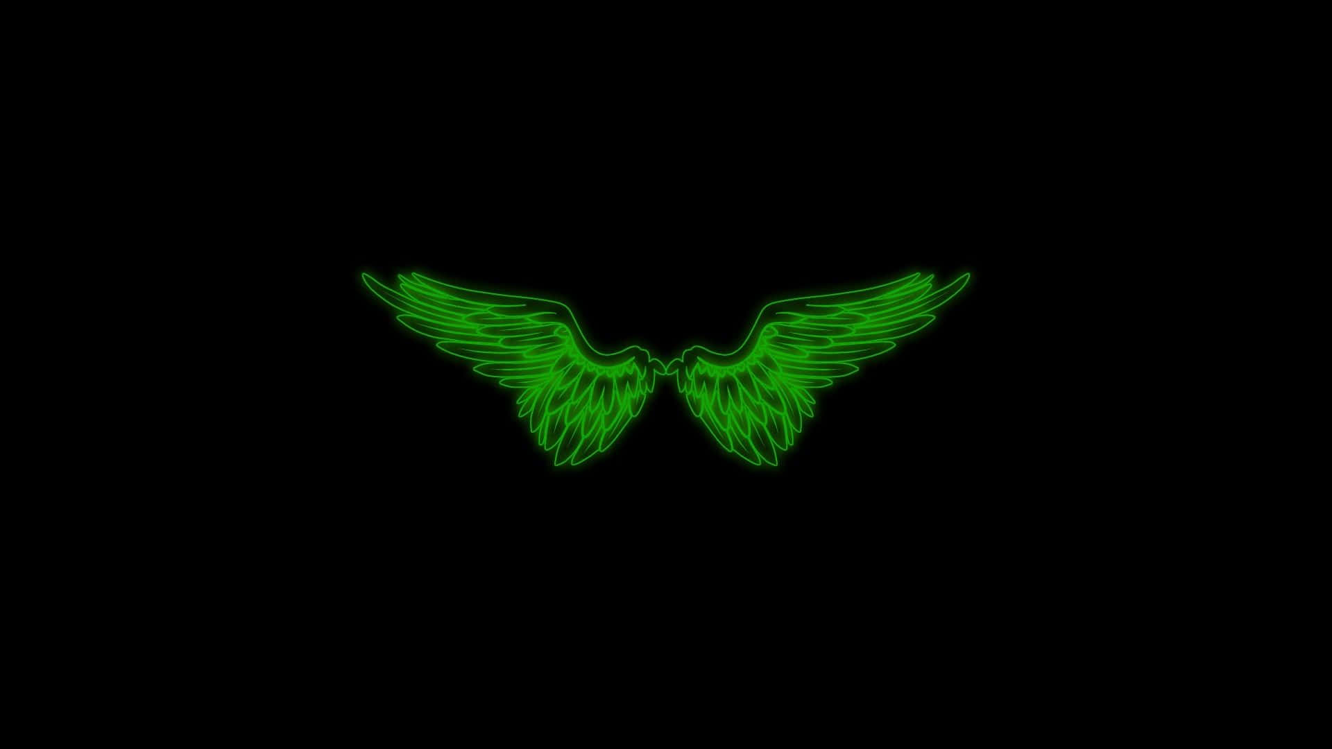Angel Wings 桌布 壁紙 — 一對發光的綠色霓虹翅膀在純黑色背景上展開。