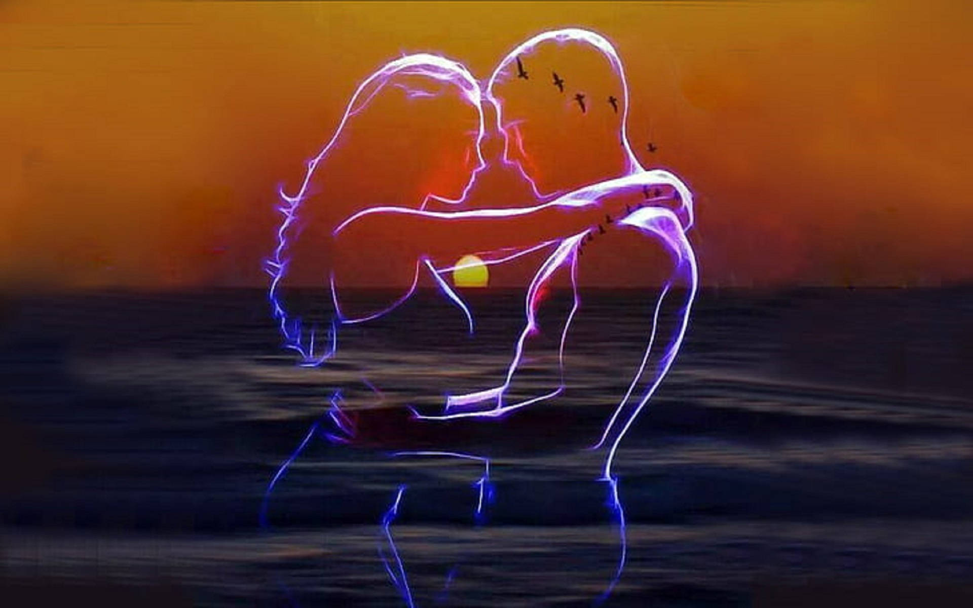 Romantic Love 桌布 壁紙 — 一對發光的霓虹情侶在日落時分擁抱，鳥兒在他們頭頂飛翔，映襯著溫暖的橙色天空。
