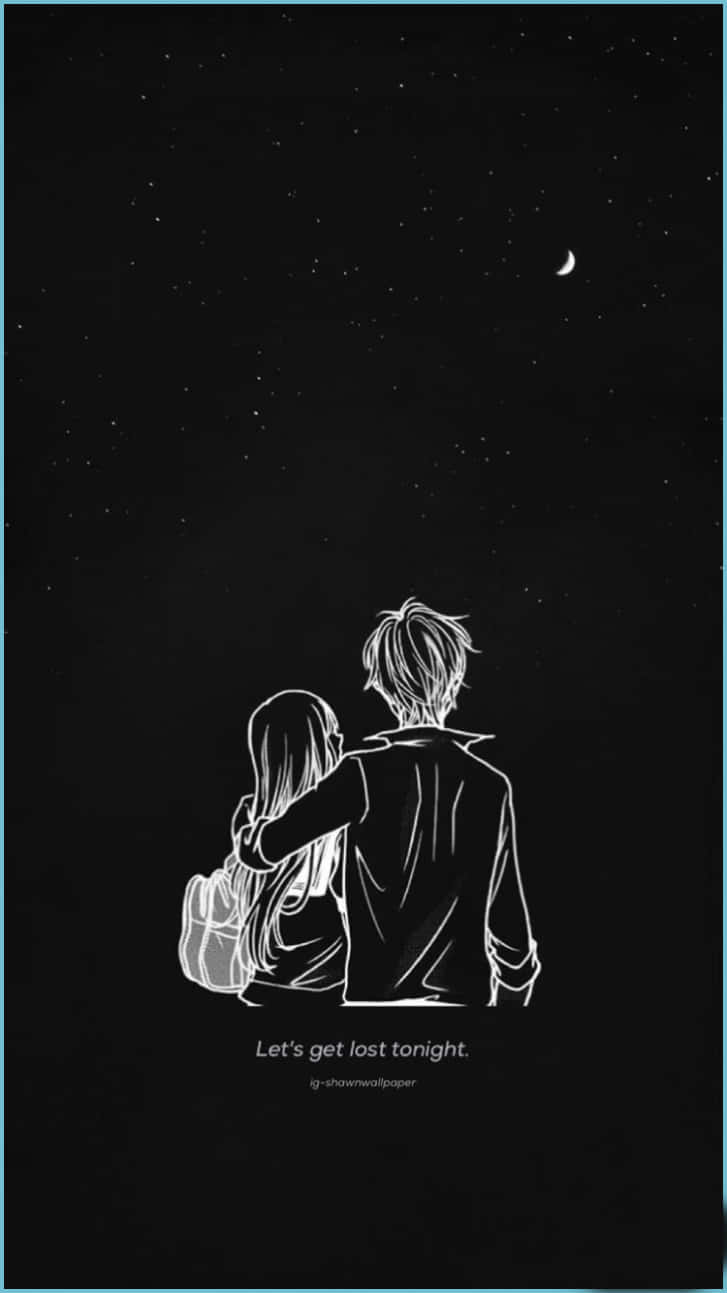 動漫 桌布 壁紙 — 一對白色線條藝術情侶在星空下擁抱，上方有一彎新月。