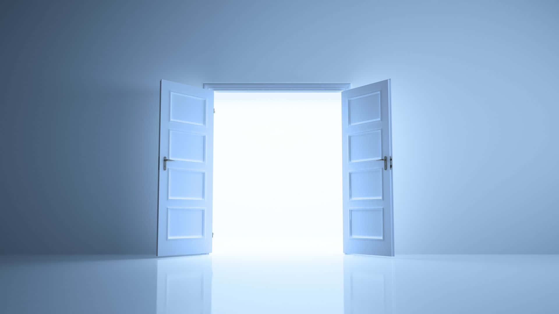 Light 桌布 壁紙 — 一對白色門在極簡房間中敞開，露出背後刺眼的白光。