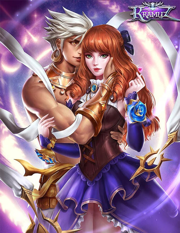 Guinevere 桌布 壁紙 — 一對白髮和紅髮的奇幻動漫情侶在發光的紫色宇宙背景中擁抱。