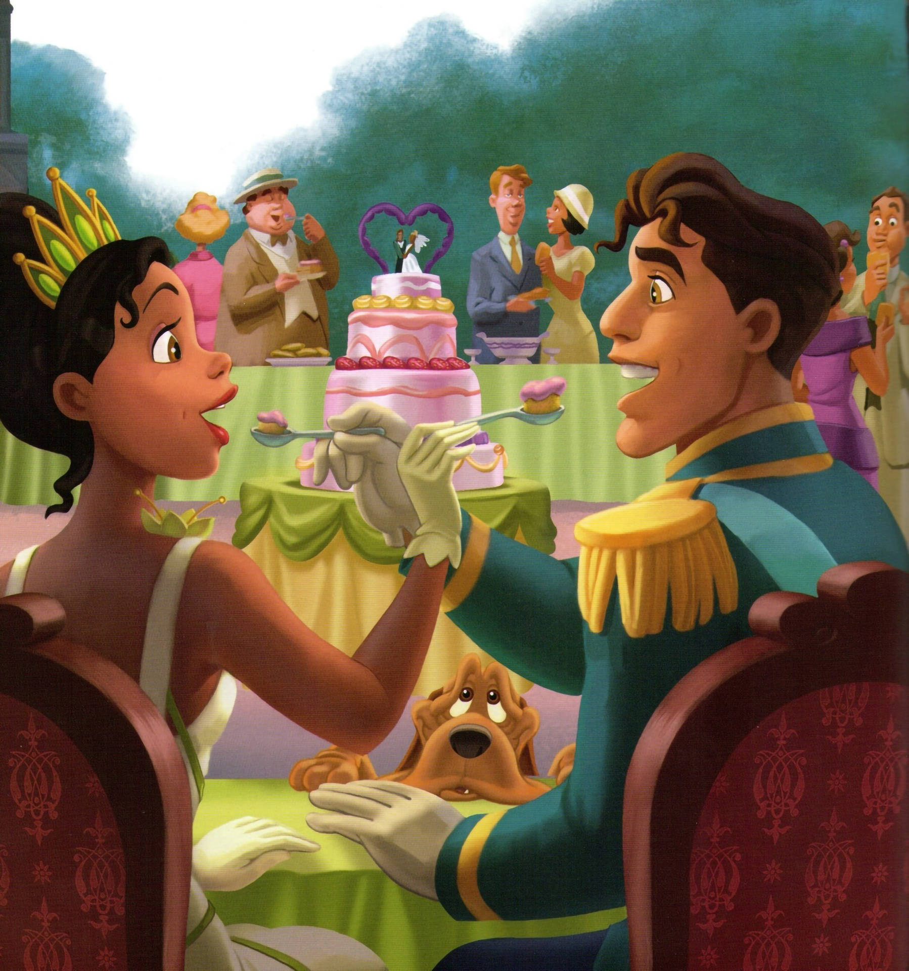 Princess 桌布 壁紙 — 一對皇室夫婦在充滿活力的動畫場景中與賓客和一隻觀看的狗分享歡樂的婚禮蛋糕時刻。