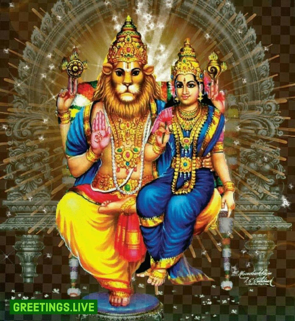 Lord Shiva 桌布 壁紙 — 一對神聖夫婦，獅頭神祇和女神佩戴黃金珠寶和鮮豔的藍黃色服飾，坐在裝飾華麗的寶座上，散發著光輝的光環。