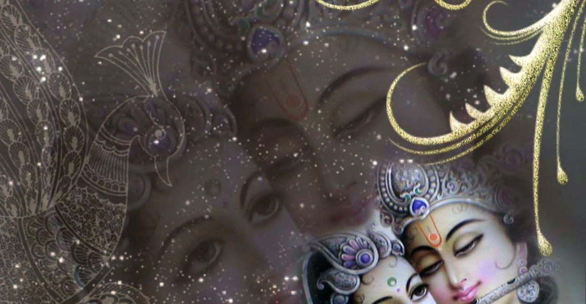 星空動畫 桌布 壁紙 — 一對神聖夫婦戴著華麗冠冕和天體圖案，漂浮在閃爍的宇宙塵埃和金色花絲之中。