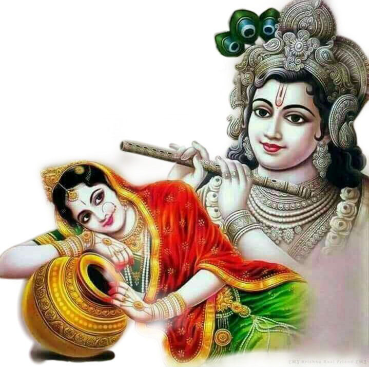 Radha Krishna 桌布 壁紙 — 一對神聖的夫婦身著鮮豔的傳統服飾，佩戴精緻的珠寶和華麗的頭飾，一人吹笛，另一人手持金色容器。