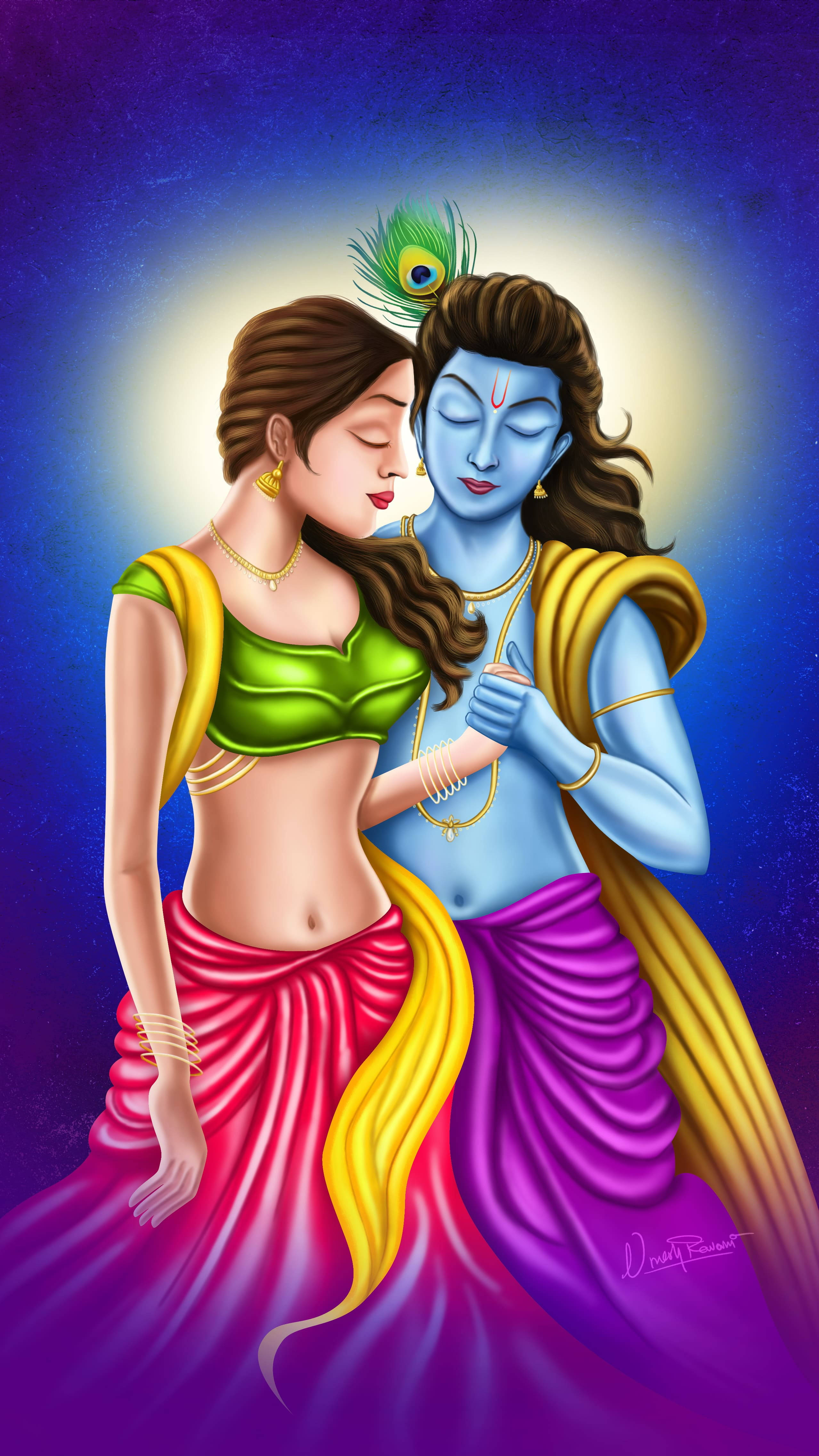 radha krishna 3d 桌布 壁紙 — 一對神聖的情侶穿著鮮豔的傳統服飾，在深邃的宇宙藍色背景下，在發光的光環中擁抱。