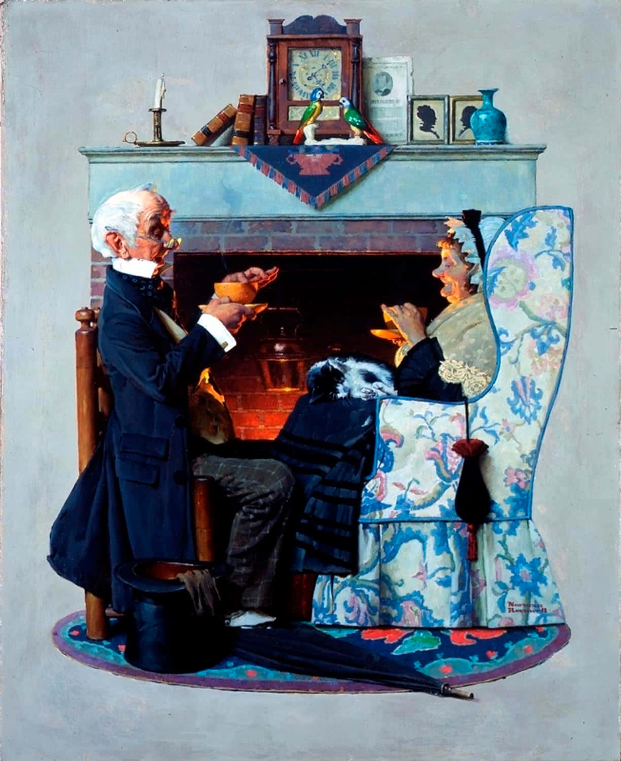 Norman Rockwell 桌布 壁紙 — 一對穿著19世紀服飾的老年夫婦，在裝飾著復古擺設的熊熊壁爐旁享用茶點，腳邊有一隻正在睡覺的狗。