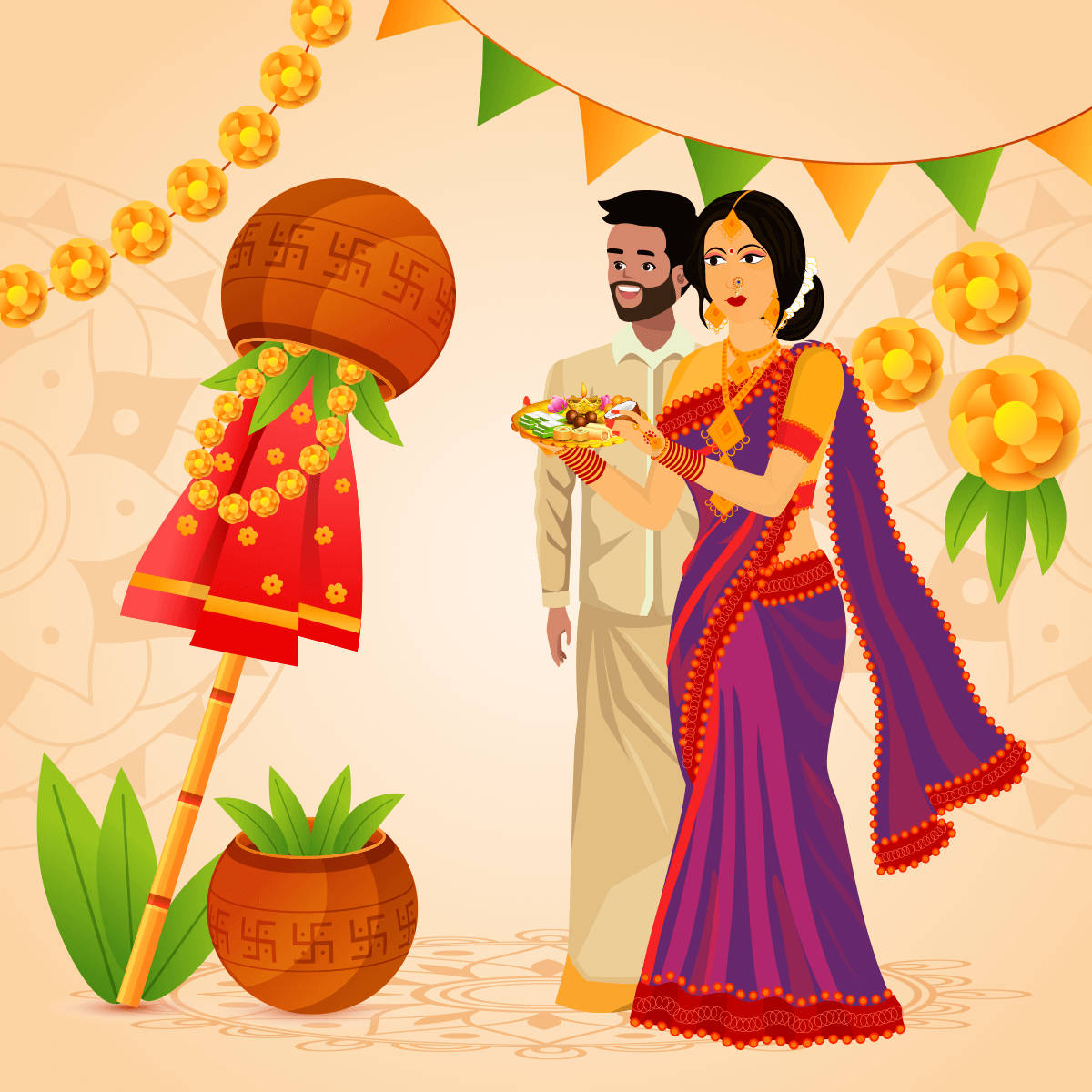 Gudi Padwa 桌布 壁紙 — 一對穿著傳統印度服飾的夫婦，以色彩繽紛的裝飾和供品慶祝節日儀式。
