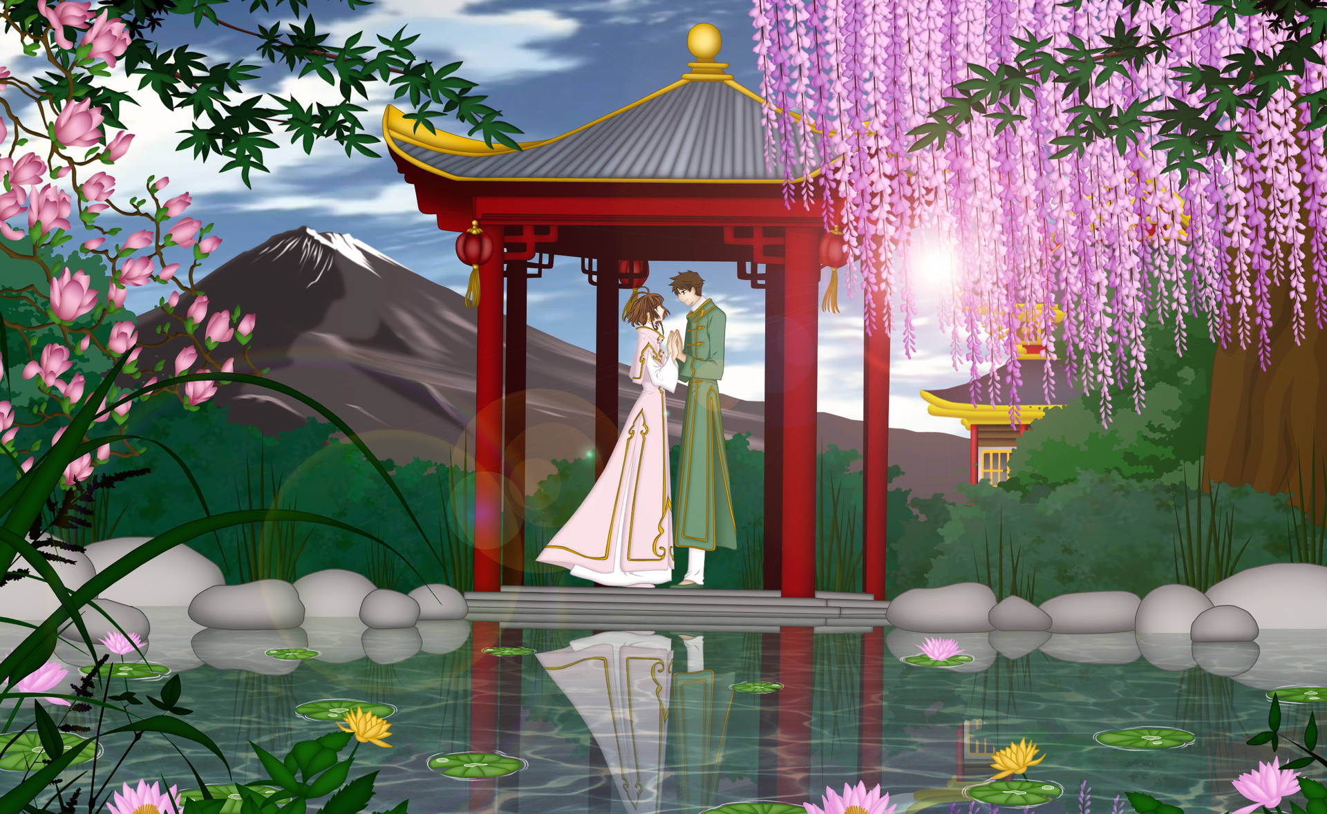 穿著傳統服飾的情侶在紅色亭子下，有紫藤和山景。 — Tsum tsum 壁紙
