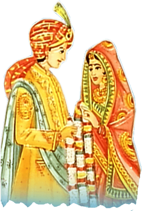 Hindu Wedding 桌布 壁紙 — 一對穿著傳統鮮黃色和紅色服飾的印度夫婦，在風格化插圖中交換婚禮花環。