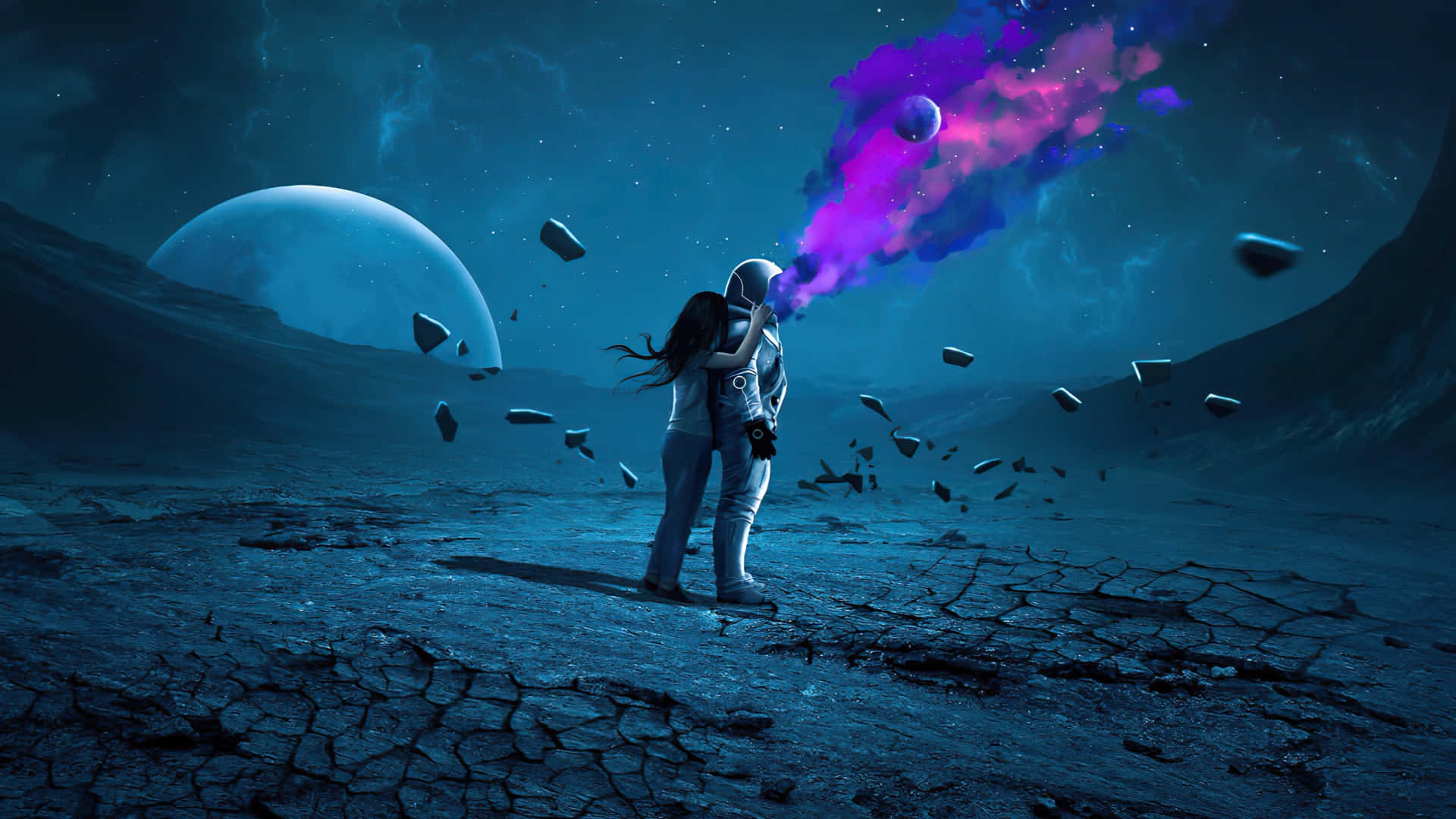 Cartoon Space 桌布 壁紙 — 一對穿著太空衣的情侶在佈滿裂縫的外星行星上擁抱，在發光的月亮下，他們的親吻中噴發出鮮豔的紫色煙霧。