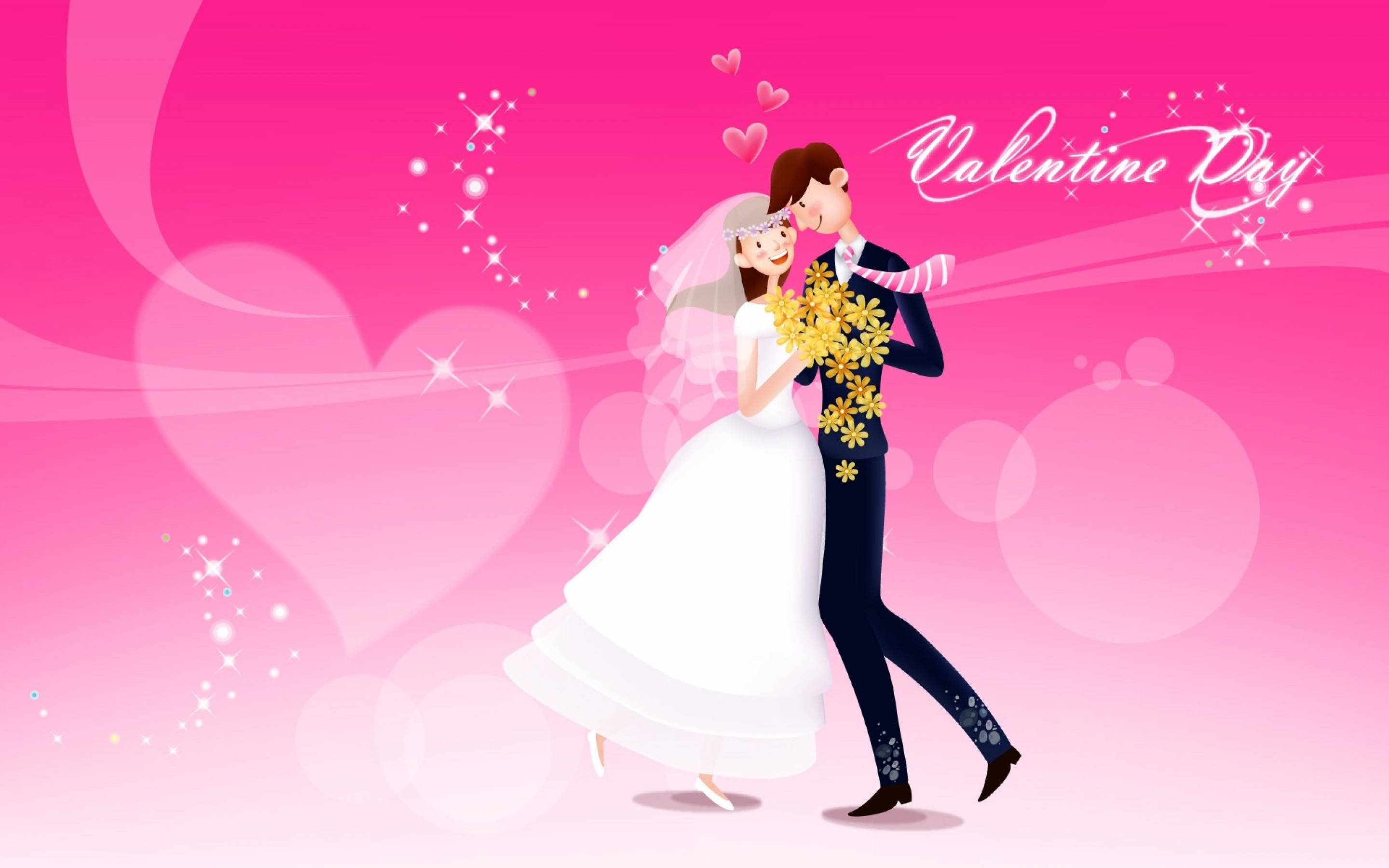 Wedding Aesthetic 桌布 壁紙 — 一對穿著婚紗的卡通情侶在充滿愛心和閃光的鮮豔粉紅色背景前歡快地跳舞。