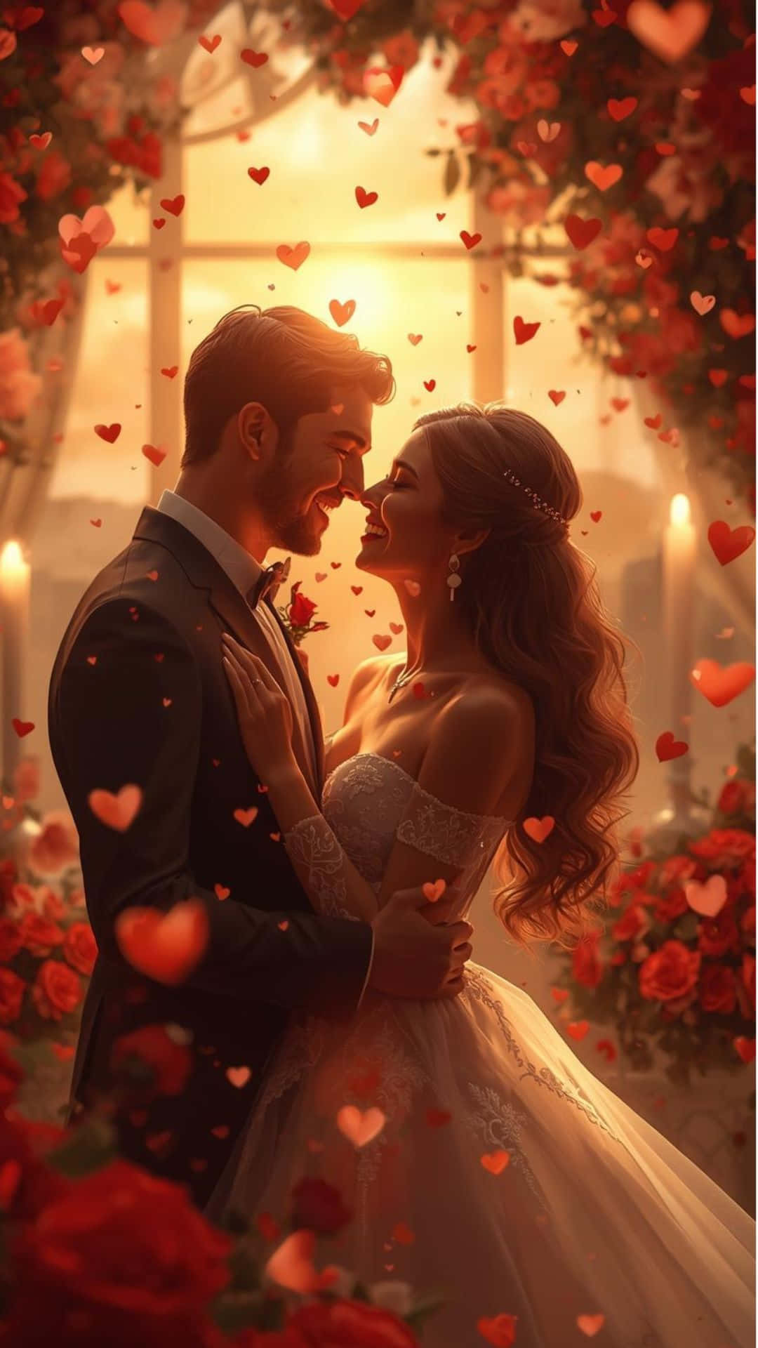 Romantic Wedding Moment With Loving Couple ! 壁紙 — 一對穿著婚紗的新人在紅玫瑰花環下擁抱，發光的心形在溫暖的金色光芒中漂浮在他們周圍。