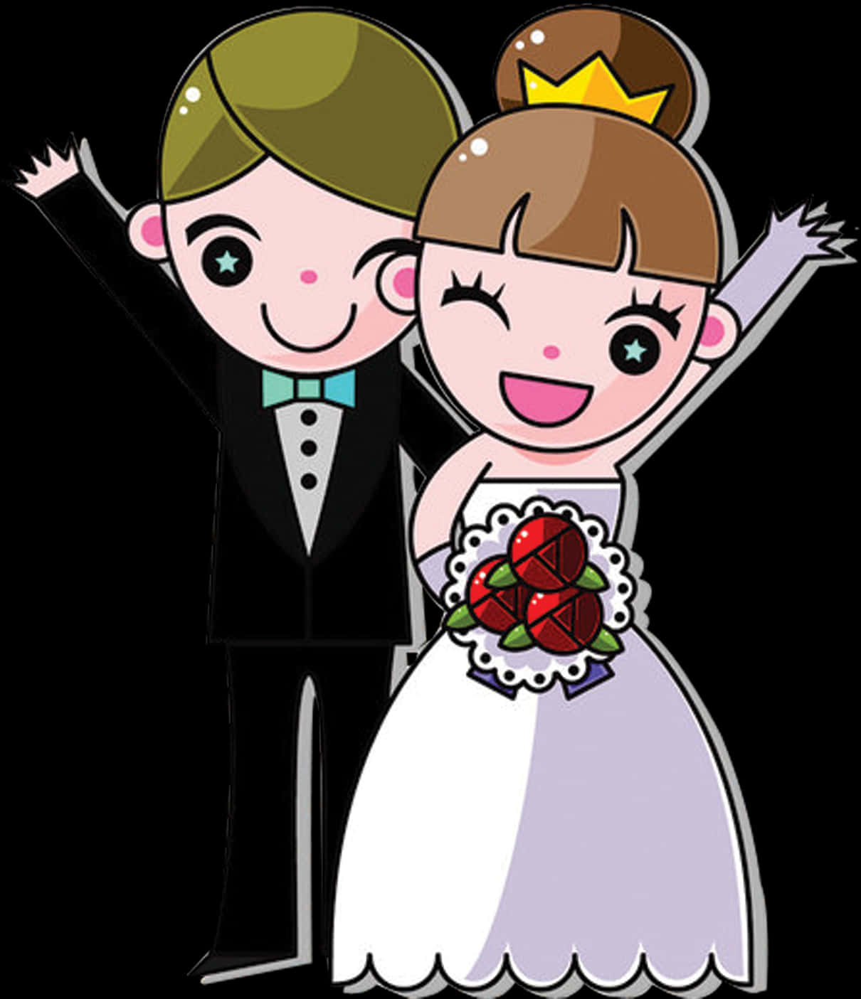 Bride And Groom 桌布 壁紙 — 一對穿著婚紗禮服的卡通新人，在黑色背景前開心地舉起雙臂擺姿勢。
