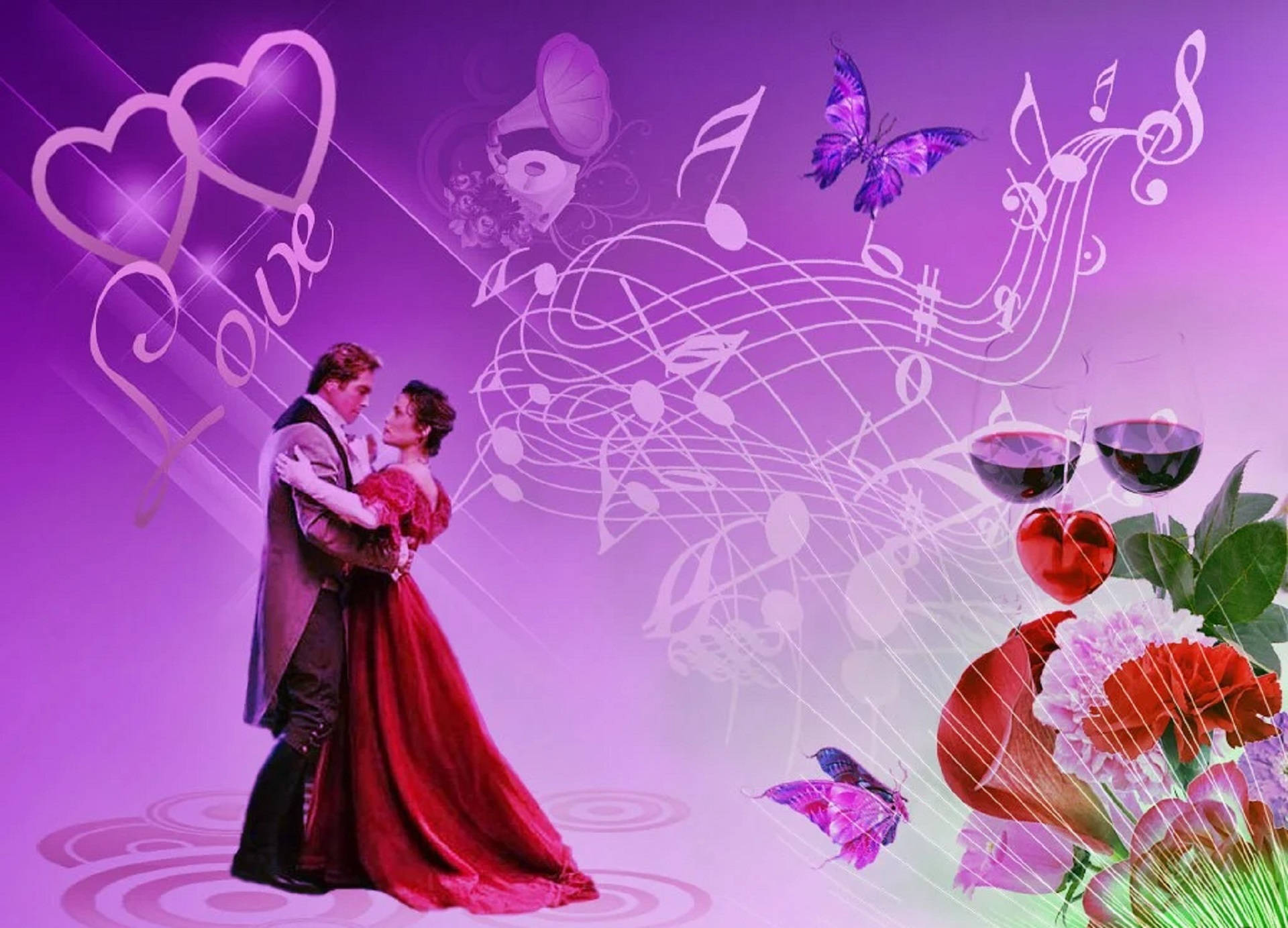 Romantic Love 桌布 壁紙 — 一對穿著復古服裝的浪漫情侶在充滿音樂符號、心形、蝴蝶和花朵的鮮豔紫色背景前擁抱。
