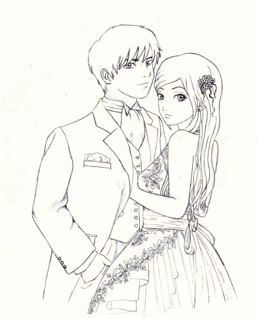 Black And White Anime 桌布 壁紙 — 一對穿著正式服裝的情侶親密擁抱的柔和黑白線條畫。