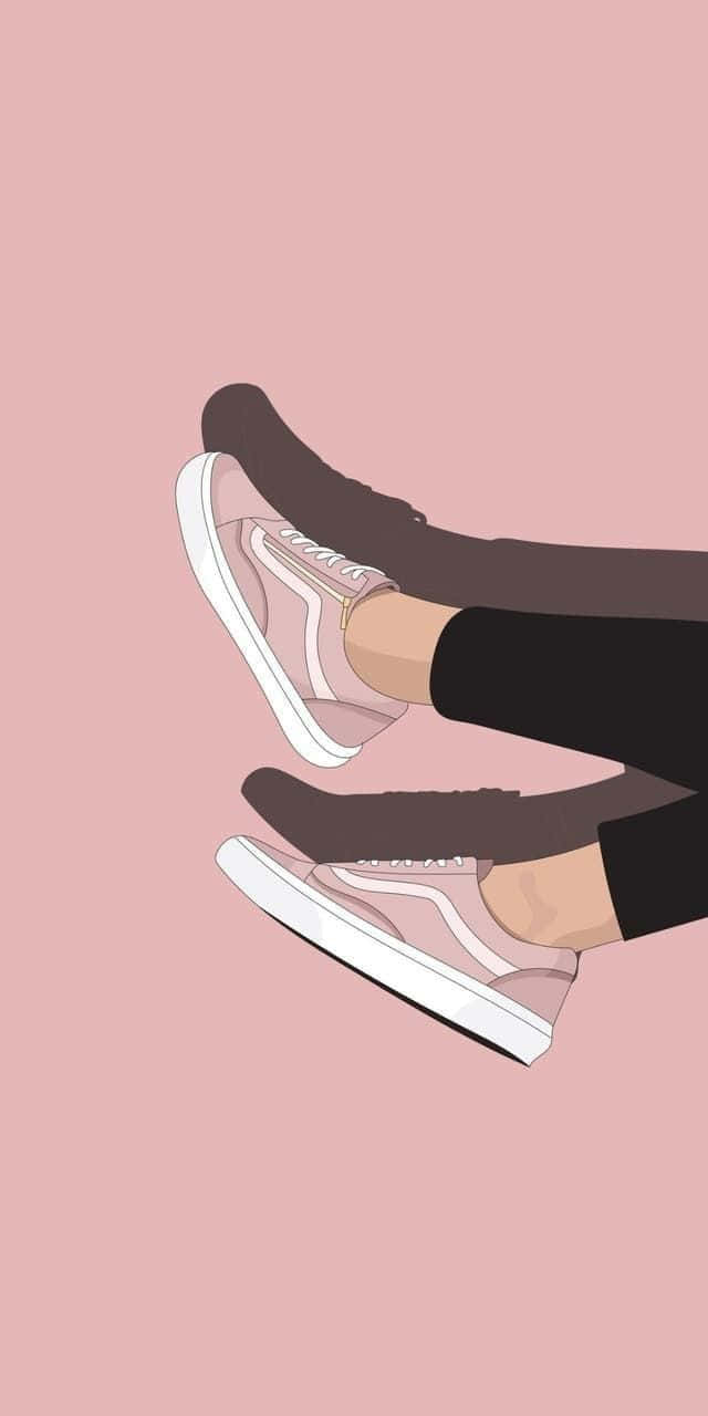 Cute Shoes 桌布 壁紙 — 一對穿著粉紅色運動鞋的腳的極簡插圖，背景為純粉紅色。