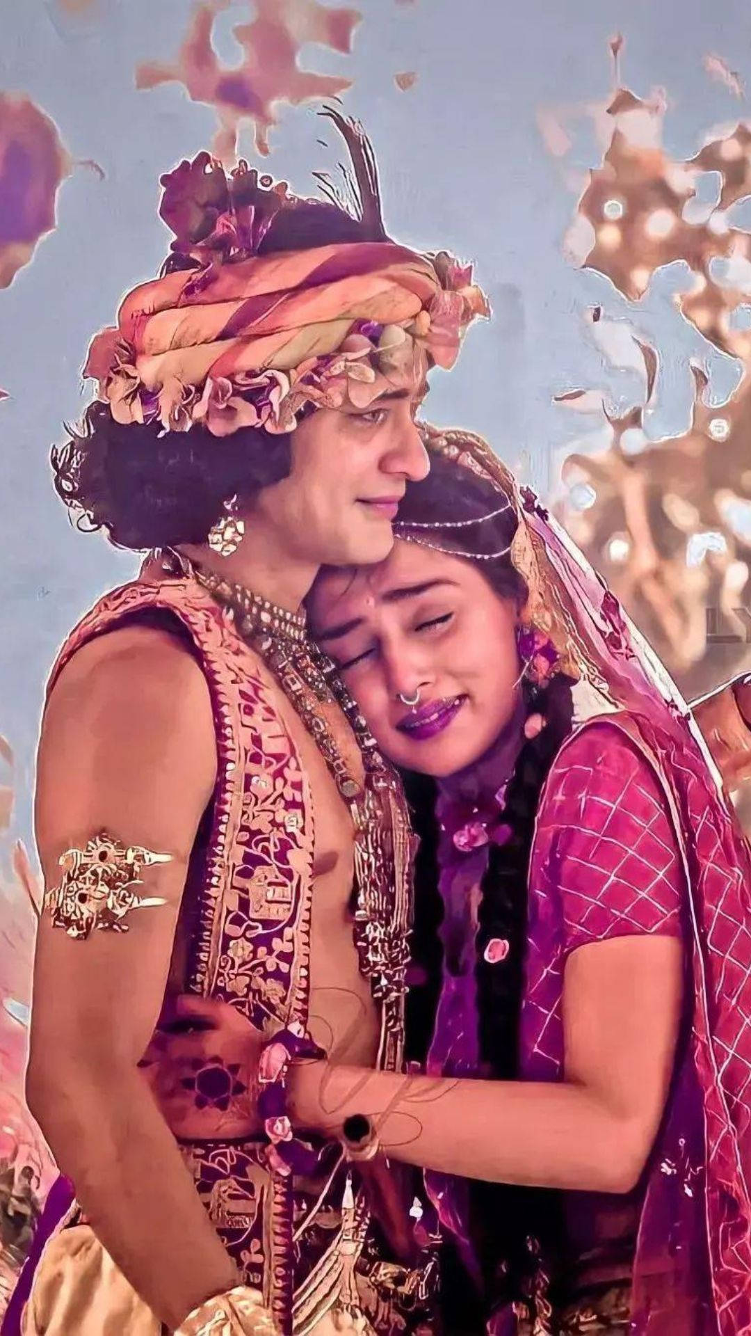 radha krishna serial 桌布 壁紙 — 一對穿著華麗傳統印度服飾的情侶在夢幻花卉背景下溫柔擁抱。