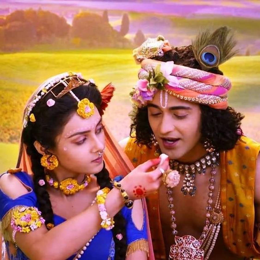 krishna ji 桌布 壁紙 — 一對穿著華麗傳統服飾的情侶在色彩繽紛的田園風光中分享溫柔時刻的充滿活力的插圖場景。