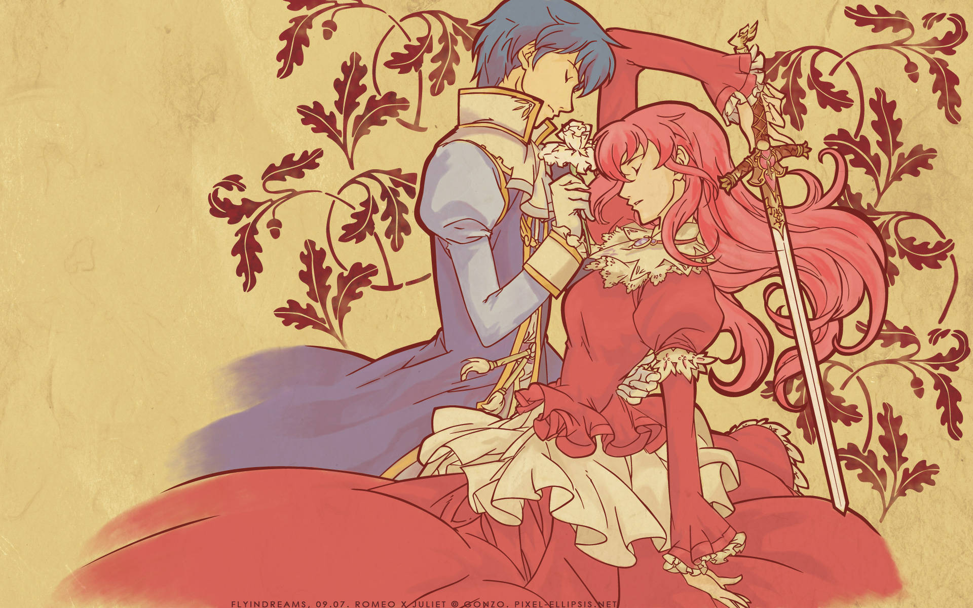 romeo and juliet 桌布 壁紙 — 一對穿著華麗服飾的浪漫動漫情侶，在紋理米色背景上旋轉的紅葉中分享一個溫柔的吻。