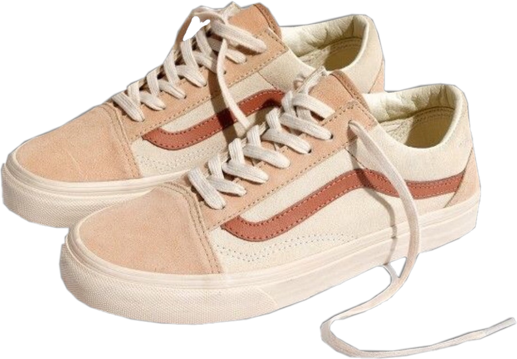 Vans 桌布 壁紙 — 一對米色麂皮Vans運動鞋，搭配白色鞋帶和鏽色條紋，黑色背景。