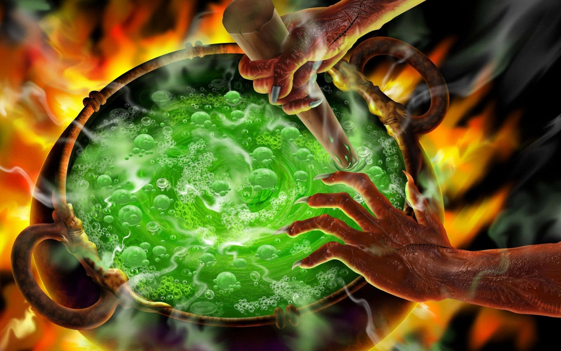 cauldron 桌布 壁紙 — 一對粗糙的手在熊熊烈火上的大鍋中攪拌冒泡的綠色藥水。