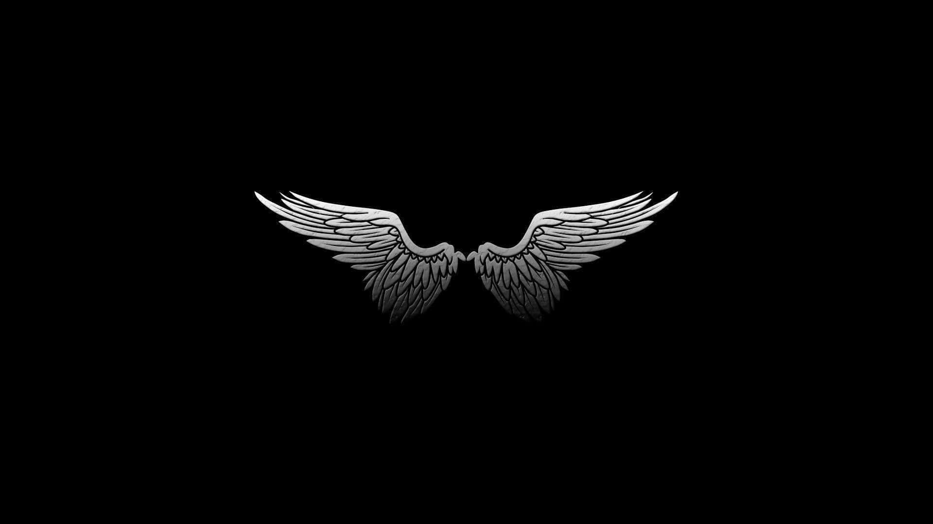 Angel Wings 桌布 壁紙 — 一對精緻的銀色翅膀在純黑色背景上對稱展開。