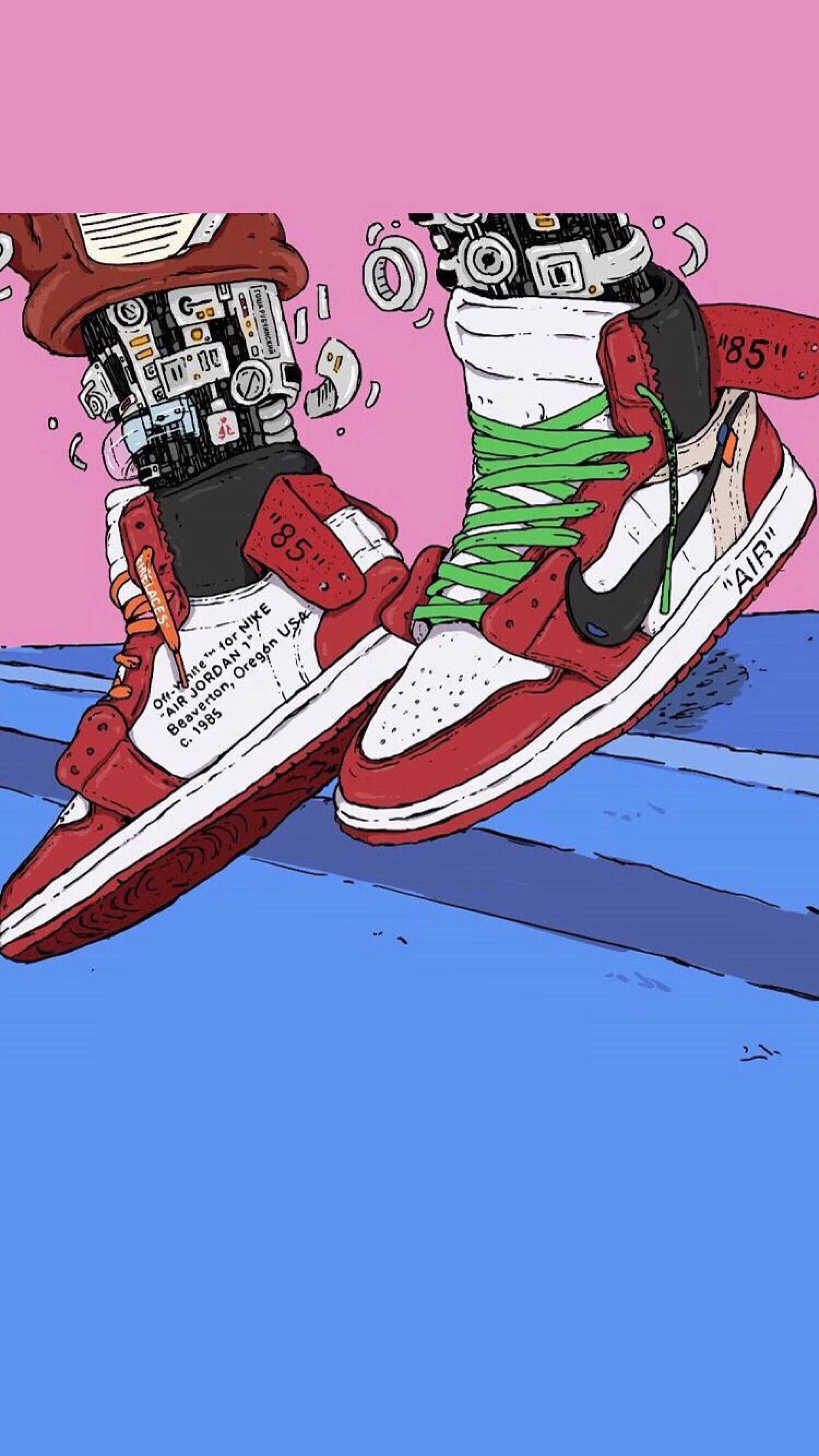 Air Jordan 桌布 壁紙 — 一對紅白運動鞋，配有綠色鞋帶和腳踝處暴露的電路，背景為粉紅色和藍色。