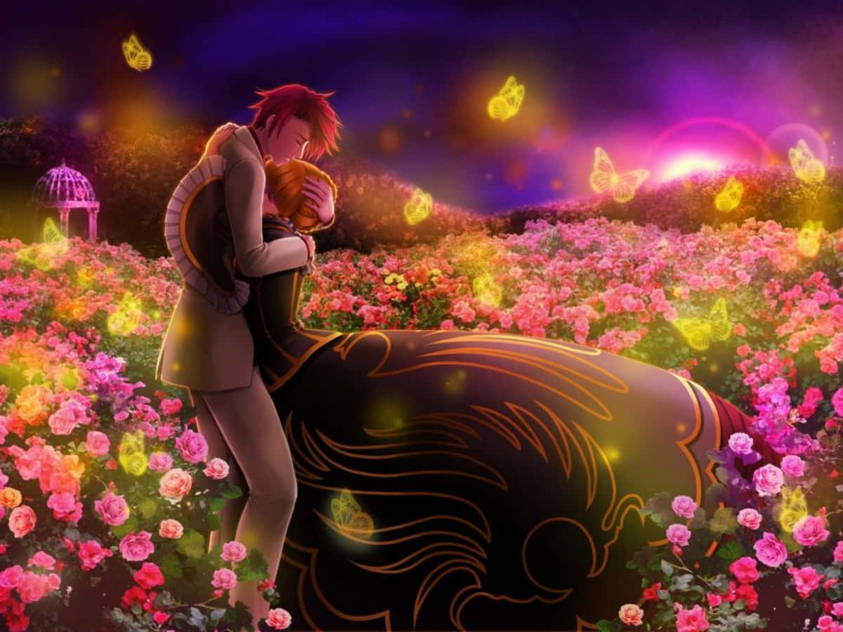 Romantic Love 桌布 壁紙 — 一對紅髮動漫情侶在蝴蝶飛舞的暮色天空下，於一片鮮豔的粉紅玫瑰田中溫柔擁抱。