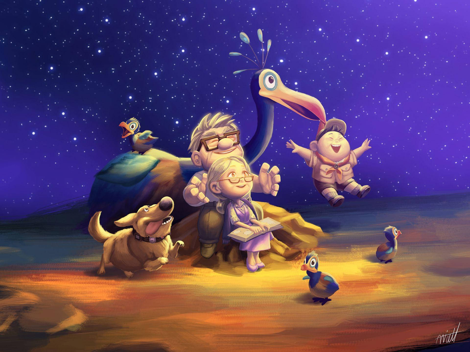 皮克斯 桌布 壁紙 — 一對老夫婦和他們的狗愉快地探索星空之夜，伴有動畫鳥類和一隻巨大的鳥類夥伴。