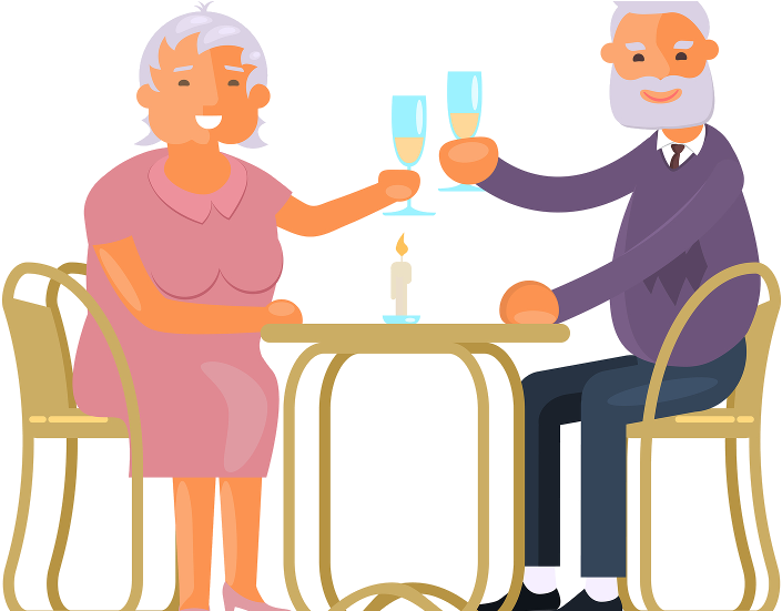 Retirement 桌布 壁紙 — 一對老夫婦微笑著在燭光餐桌旁碰杯香檳，溫馨的插圖場景。